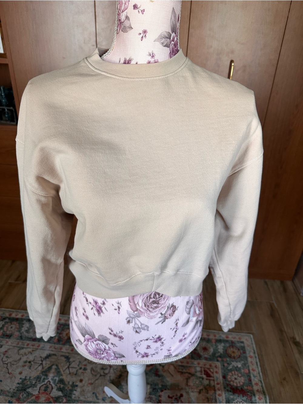 Neutral Beige Crop Assymetrical hem Sweatshirt